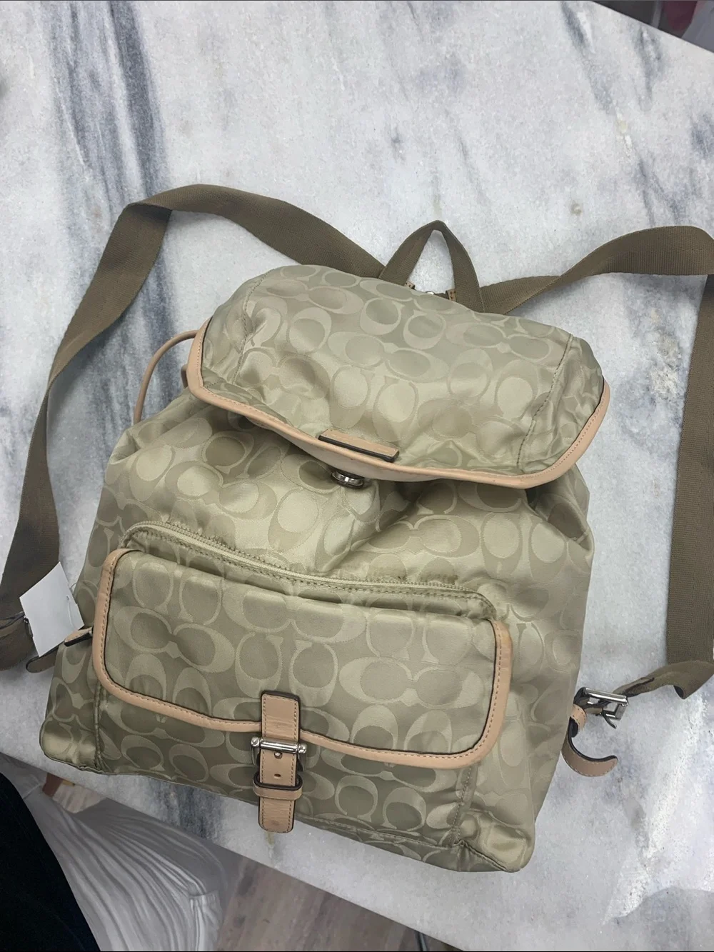 Coach Beige Signature Nylon Backpack with Natural Leather Trim